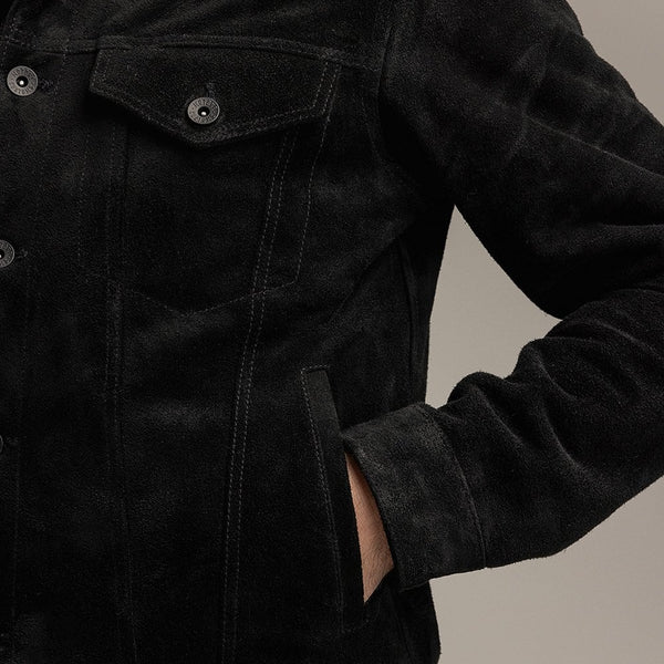 Motone ROUGHNECK Reverse Suede Trucker Jacket (Black) - Extra Large Si