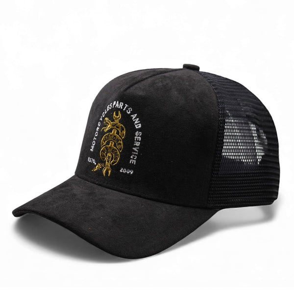Motone SNAKE Trucker Cap - Black Suede Gold Snake