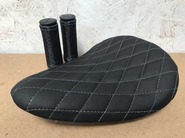 Poulson Custom Sprung Solo bobber Seat & Grips - Real leather and hand stitched
