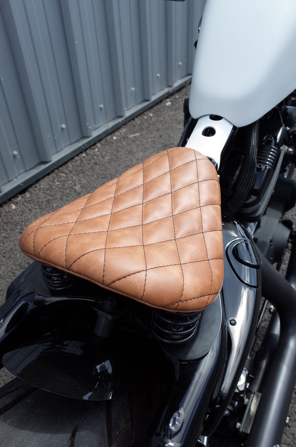 Poulson Custom Sprung Solo bobber Seat & Grips - Real leather and hand stitched