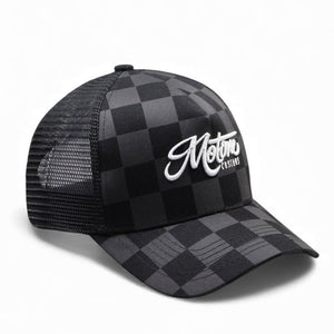 Motone Trucker Cap - Black/Grey Checks White Logo