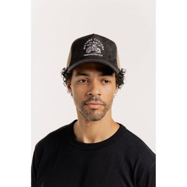 Motone GARAGEGOALS Trucker Cap - Black Suede - Garage Bobber Graphic