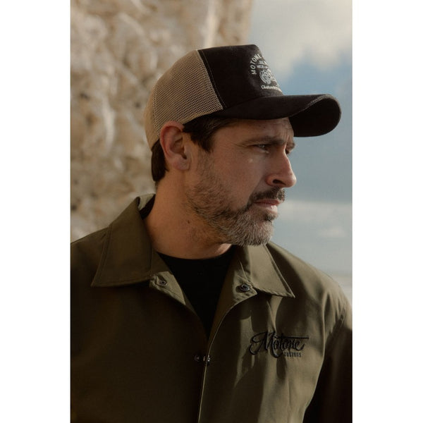 Motone GARAGEGOALS Trucker Cap - Black Suede - Garage Bobber Graphic