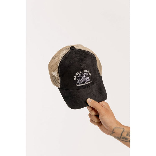 Motone GARAGEGOALS Trucker Cap - Black Suede - Garage Bobber Graphic
