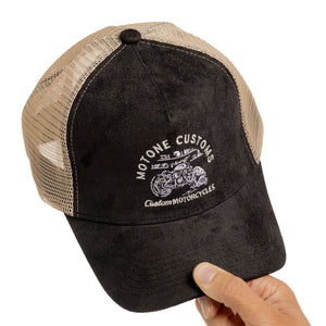 Motone GARAGEGOALS Trucker Cap - Black Suede - Garage Bobber Graphic