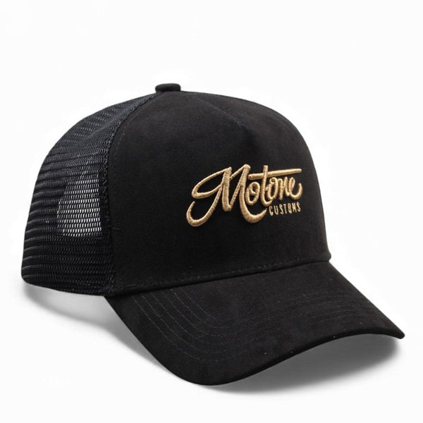 Motone GOLDIE Trucker Cap - Black Suede Gold Motone Logo