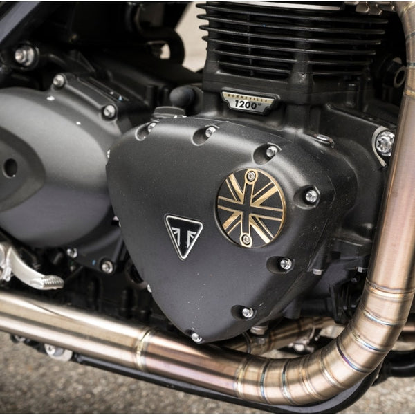 Motone 2 Tone Black &amp; Brass ACG Engine Badge Union Jack Flag