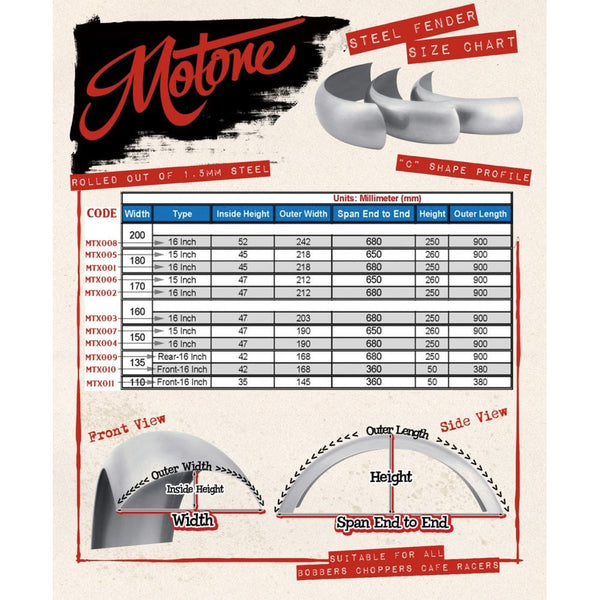 Motone Rear Fender/Mudguard Rolled Steel 170mm width 15" Wheel