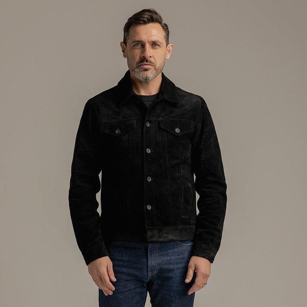 Motone ROUGHNECK Reverse Suede Trucker Jacket (Black) - Extra Large Si