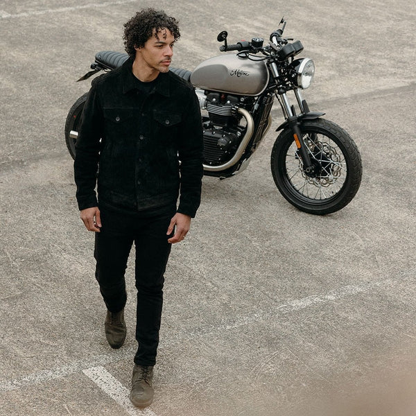 Motone ROUGHNECK Reverse Suede Trucker Jacket (Black) - Extra Large Si