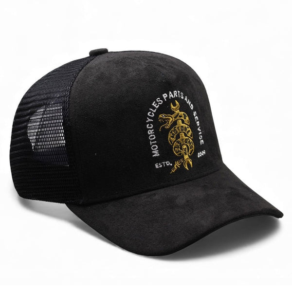 Motone SNAKE Trucker Cap - Black Suede Gold Snake