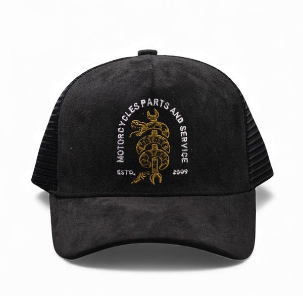 Motone SNAKE Trucker Cap - Black Suede Gold Snake
