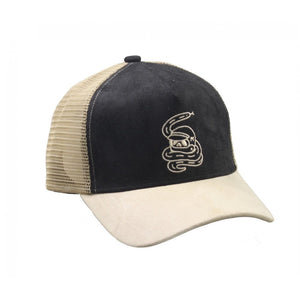 Motone SKULLSNAKE Trucker Cap - Black Suede - Garage Bobber Graphic