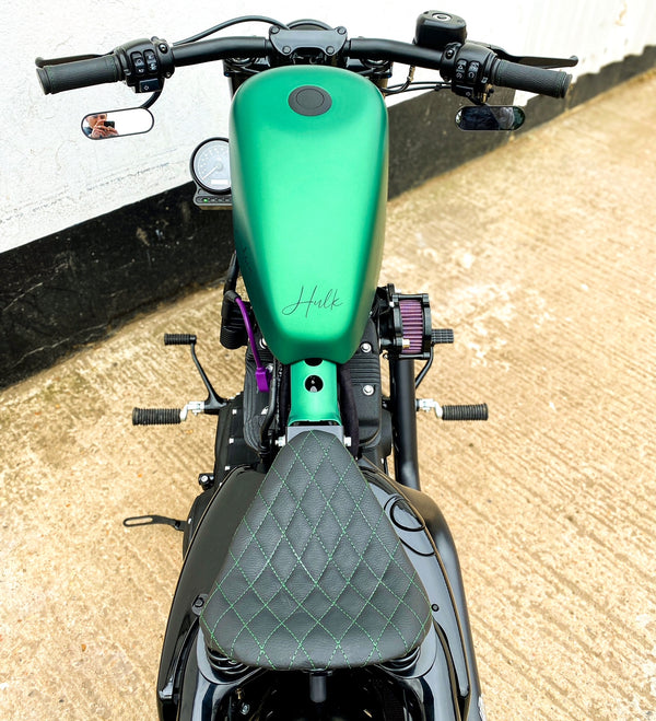 Poulson Custom Sprung Solo bobber Seat & Grips - Real leather and hand stitched
