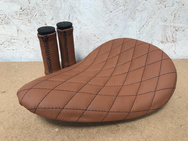 Poulson Custom Sprung Solo bobber Seat & Grips - Real leather and hand stitched