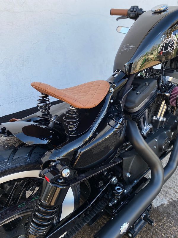 Poulson Custom Sprung Solo bobber Seat & Grips - Real leather and hand stitched